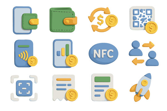 Colorful 3d icons of mobile finance and payment methods on gradient background