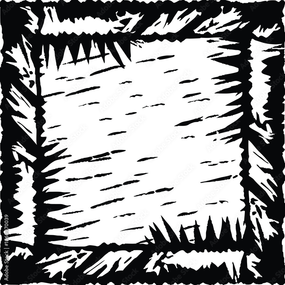 Poster abstract black and white frame with textured graphic elements and isolated shapes