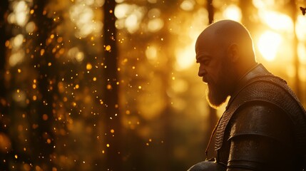 Regal medieval knight in weathered steel armor standing in a sunlit forest clearing with helmet tucked under arm, contemplative expression, golden rays filtering through trees, reflective armor surfa.