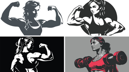 Fototapeta premium Set of fitness women flexing their muscles, portraying strength and empowerment