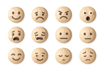 Naklejka premium Twelve diverse emoji faces displaying various human emotions on brown background