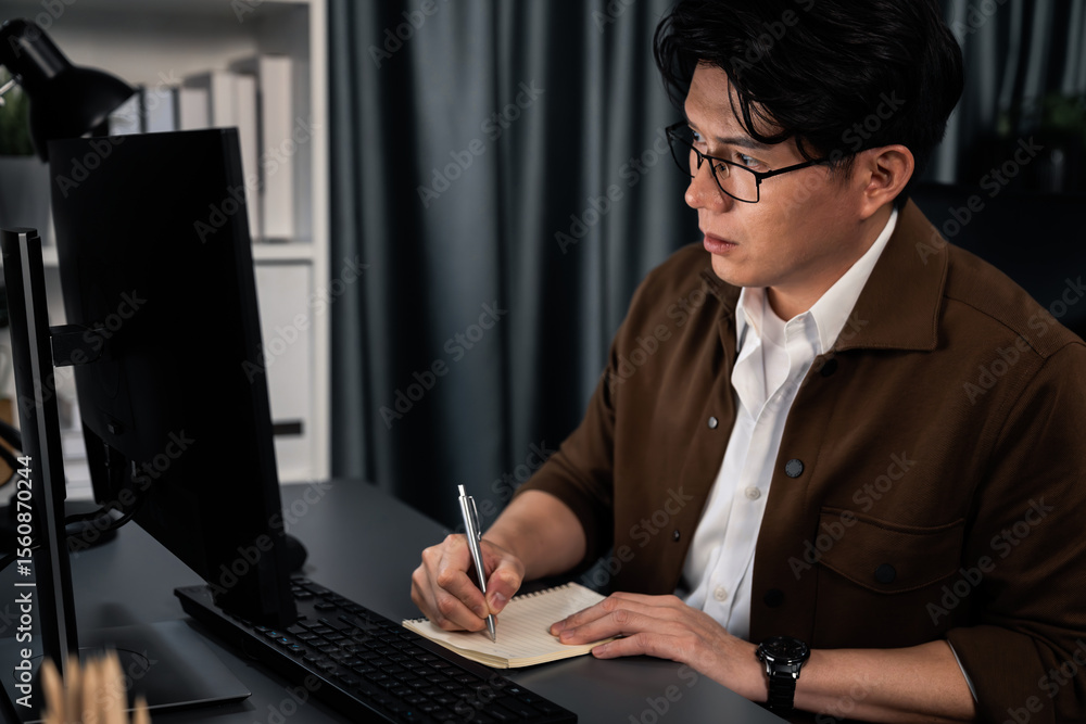 Poster smart businessman writing information from computer to check business data report on sales target re