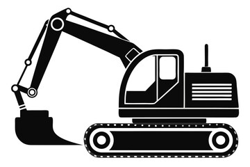 Graphic Illustration Silhouette of Excavator with Bucket and Track Wheels for Construction Work