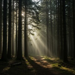 Obraz premium Sunbeams Illuminate Foggy Forest Path