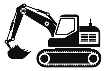 Black Silhouette of a Construction Excavator with Bucket, Tracks, and Vehicle Cab