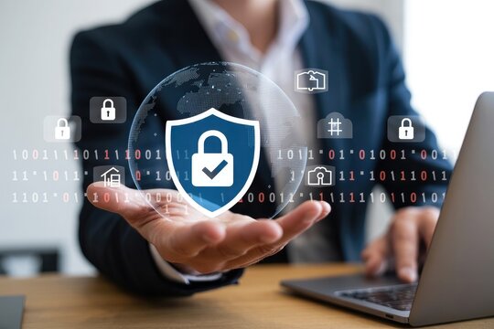 Businessman holding a digital shield with a padlock and checkmark symbol over a holographic globe with binary code and security icons