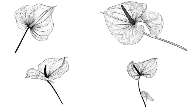Set of four sketched Anthurium flowers with stems on a white background