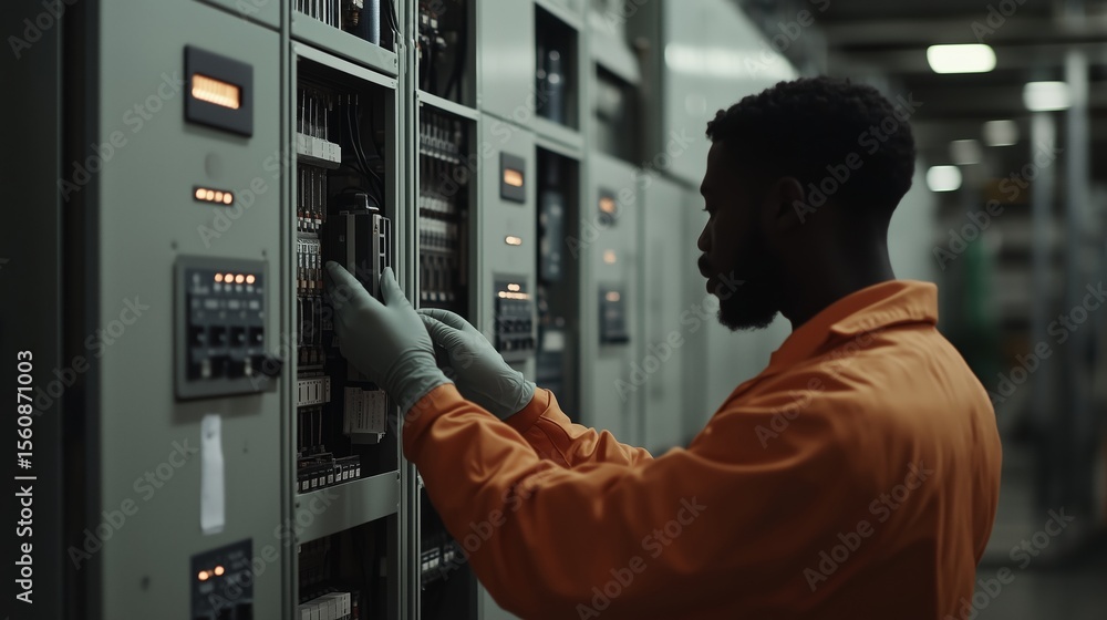 Poster worker assembles electrical components in industrial setting during daytime operations