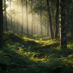 Obraz premium Sunlit Forest Path with Fog and Lush Greenery