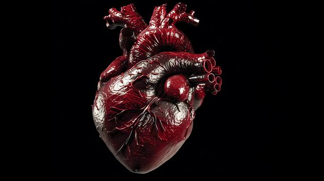 Create a detailed image prompt for a realistic 3D render of a human heart.  Focus on texture, lighting, and anatomical accuracy.