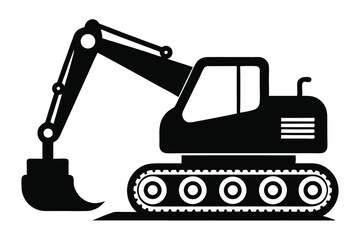 Black Silhouette of an Excavator with Tracks and Bucket Depicted in Vector Style