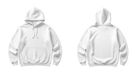Blank white hoodie mockup, front and back view. Unisex sweatshirt template for apparel design. Isolated on transparent background, png