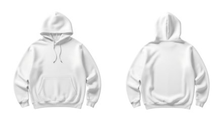 Blank white hoodie mockup, front and back view. Unisex sweatshirt template for apparel design. Isolated on transparent background, png