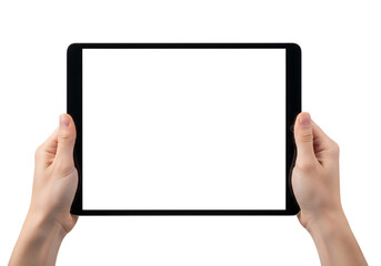 Hands holding a tablet with a blank screen for mockup. Isolated on transparent background, png