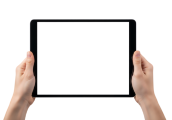 Hands holding a tablet with a blank screen for mockup. Isolated on transparent background, png