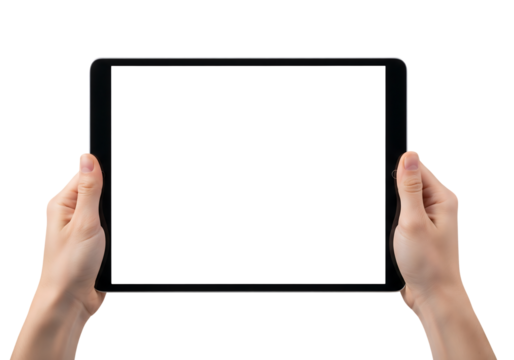 Hands holding a tablet with a blank screen for mockup. Isolated on transparent background, png