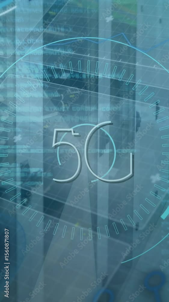 Poster animation of 5g text, scopes scanning and data processing over servers