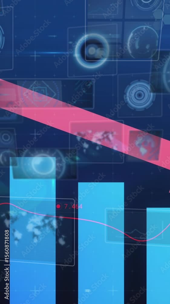 Poster animation of arrow and financial graphs over navy background with circles on screens