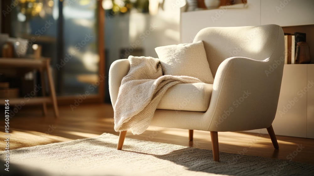 Poster cozy neutraltoned reading nook with plush armchair draped in soft blanket, surrounded by natural tex