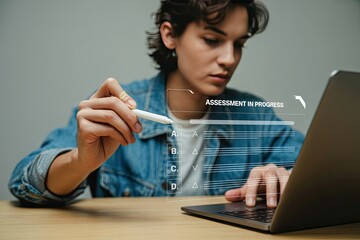 Focused young person using a stylus to complete an online assessment on a laptop computer with a digital interface overlay