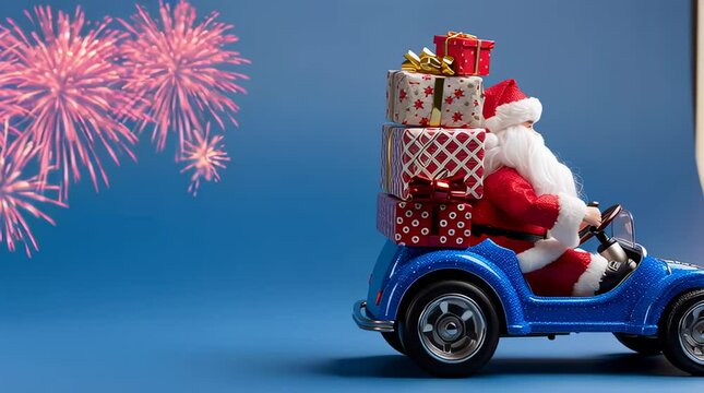 Santa in a blue car delivering presents against a firework backdrop.  A clock shows the time is almost midnight.