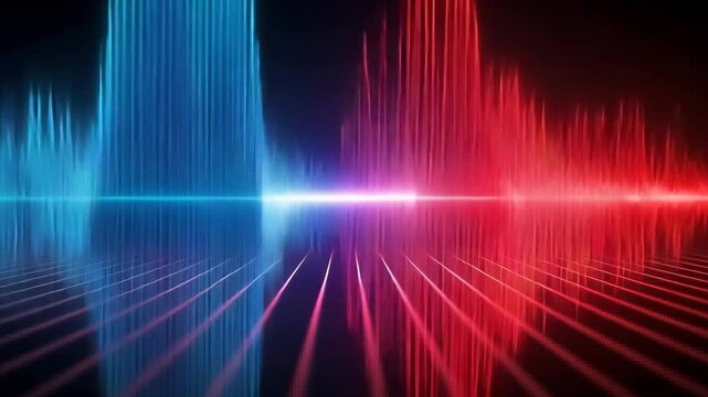 Abstract background featuring blue and red light waves reflecting on a grid surface below