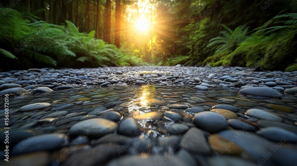 Poster serene stream with smooth pebbles and sundappled forest setting in a tranquil nature scene.