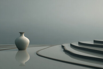 minimalist studio photograph of rice terraces in china under overcast sky with geometric patterns