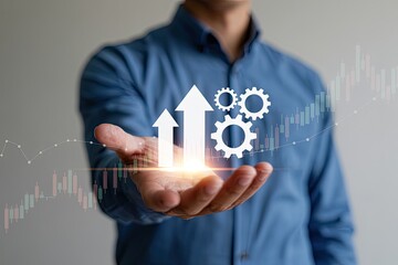 Man holding white arrows and gears symbolizing business growth and operational efficiency with financial charts overlayed