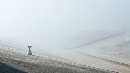 minimalist photograph of solitary lamp at edge of reservoir in nepal enveloped in mist and fog