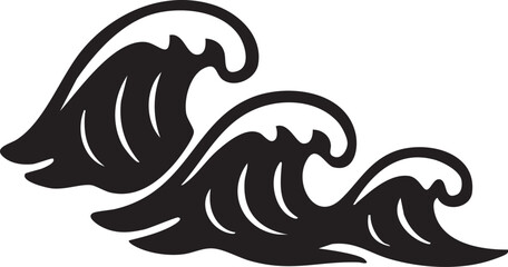Stylized Black and White Illustration of Three Ocean Waves with Curving Crests and Dynamic Flowing Shapes on a White Background