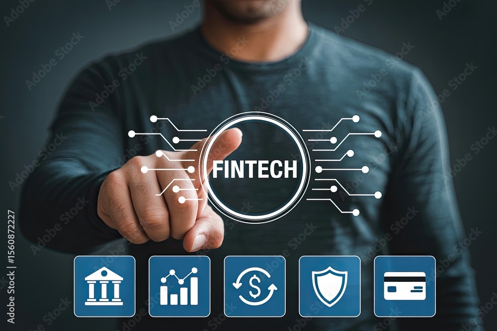 Poster man s finger touching a digital circle with the word fintech and financial icons below representing 