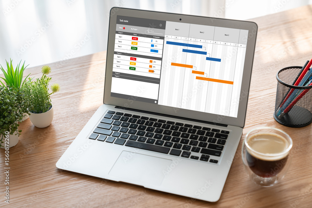 Poster project planning software for modish business project management on the computer screen showing time