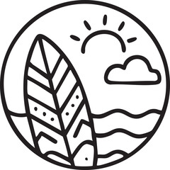 Minimalist Surfboard Design Featuring Ocean Waves Sun and Cloud within a Circular Frame Embodying Beach Lifestyle and Summer Vibes