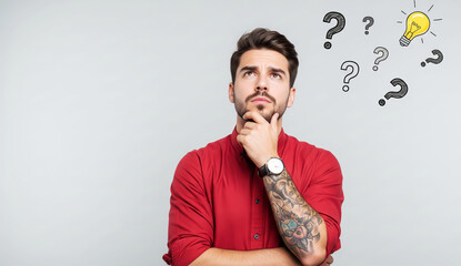 Thoughtful Young Man with Question Marks and Lightbulb on Grey Background