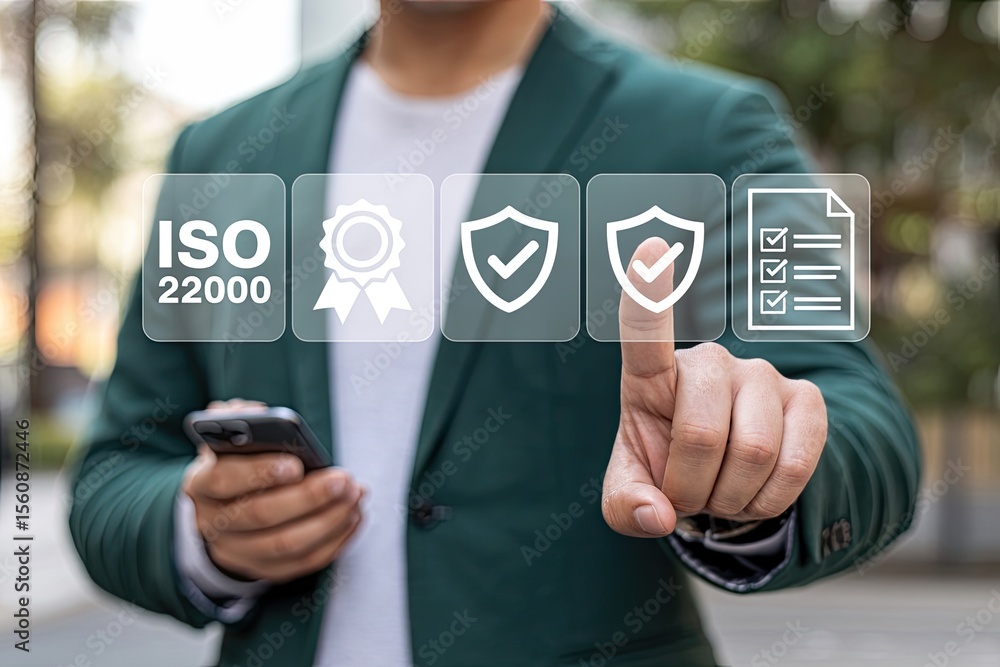 Aufkleber man touches screen displaying iso 22000 certification quality assurance security and checklist icons