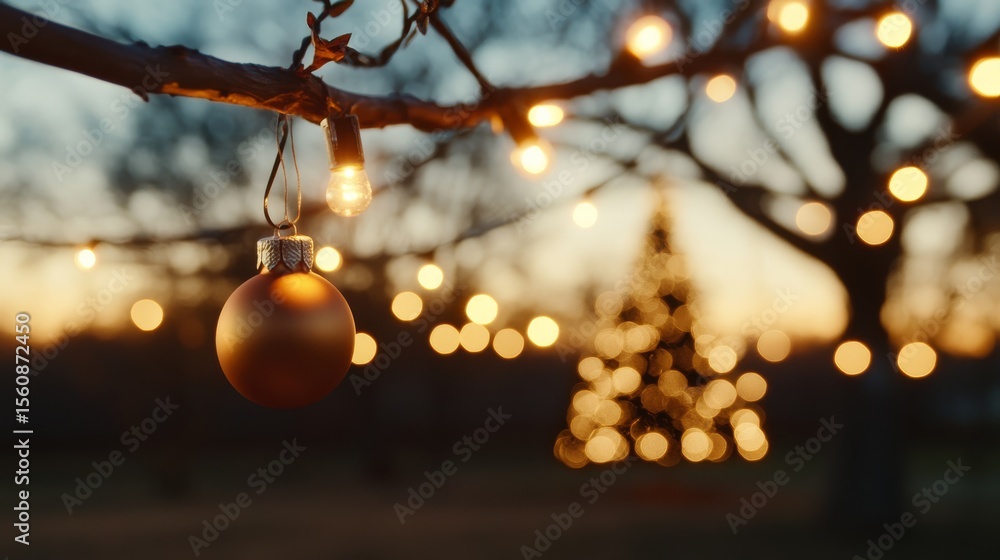Poster festive holiday ornament hanging from a snowy tree branch with soft glowing lights and blurred chris