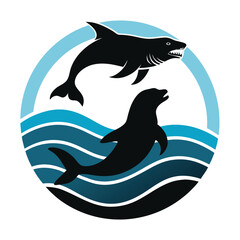 Obraz premium Ocean Wildlife Shark and Dolphin Silhouette in Waves
