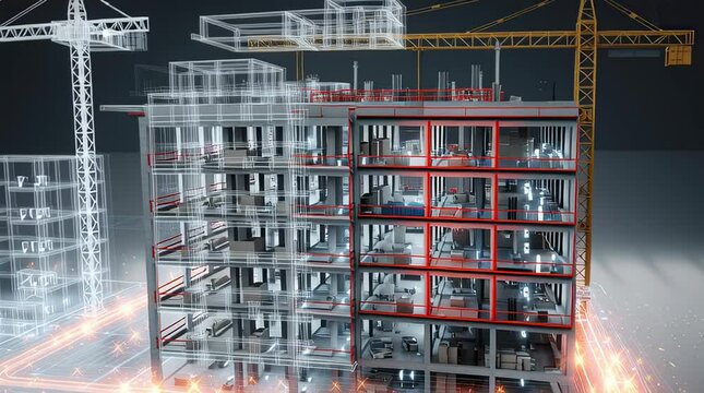 Detailed 3D model of a building under construction with wireframe overlay, showing internal structure, MEP systems, and a crane.  Perfect for construction, architecture, and engineering projects.