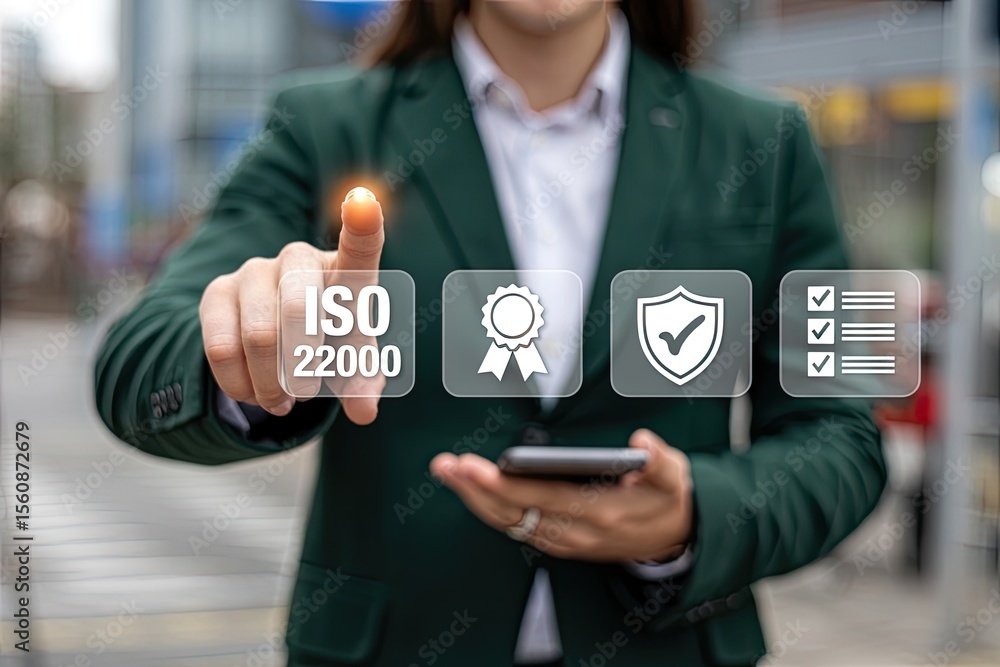 Poster person interacting with a digital interface displaying iso 22000 certification quality assurance and