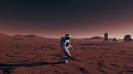Astronaut spacesuit walking Mars near Mars station represents space research technology. Astronaut walking shows science progress Mars. Space astronaut exploration new planets space travel technology.