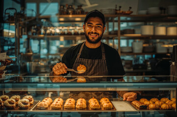 Smiling baker presents pastries behind glass display at bakery with artisan breads ready for purchase.