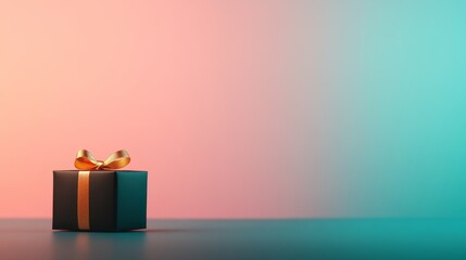 Elegant small gift box with golden ribbon tied in a bow on soft pastel background for celebrations and special occasions.