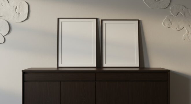 Minimalist Art Display: Two sleek, blank picture frames rest on a minimalist cabinet, inviting viewers to imagine their own artistic expression or family memories.