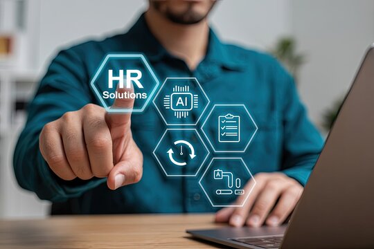 Person s finger touching a glowing hexagonal interface displaying hr solutions ai automation checklist and workflow icons