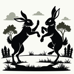 Majestic Silhouette Two Hares Boxing in a Serene Meadow Landscape