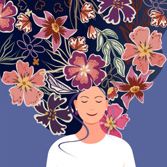 Young dreaming woman with floral background on long hair. Woman mental health self-care. Joy, calm, happiness concept. Flat vector illustration.