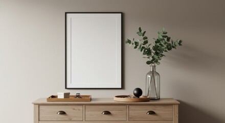 Empty frame mock up in interior: Blank frame above drawer captures minimalist sophistication