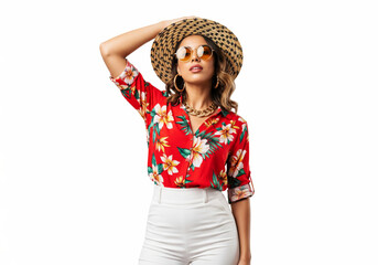 Modern Female Model in Vibrant Yellow Floral Blouse and White Pants