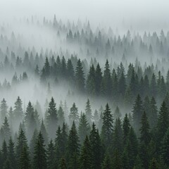 Obraz premium Misty Mountain Forest: Aerial View of Coniferous Trees